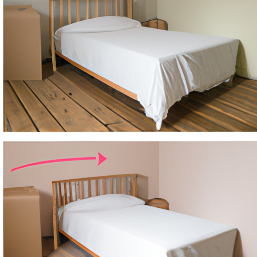 3. השוואה לפני ואחרי של חדר עם מיטה, המראה את יעילות השטח שהושגה עם ארגז המצעים
