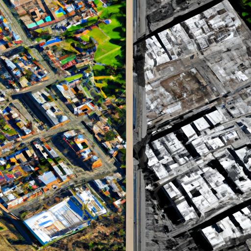 1. מבט אווירי של עיר לפני ואחרי פרויקט התחדשות עירונית, המדגיש את השינוי.