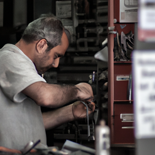 "צילום גלוי של המנעולן הטוב בתל אביב, שקוע בעבודתו, כשכלים שונים מונחים סביבו"